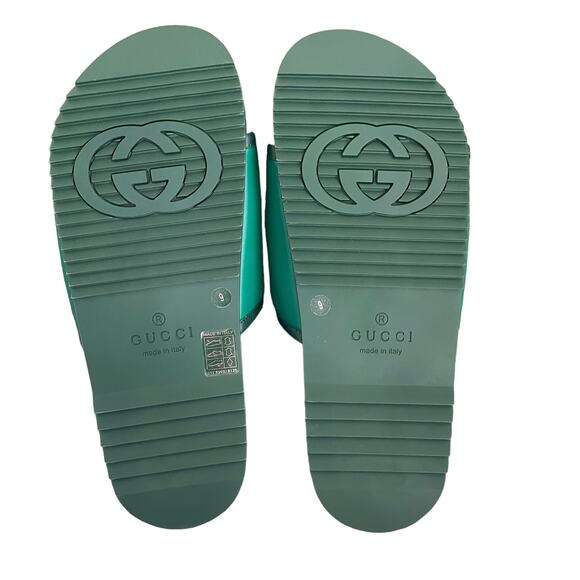 GUCCI  Jumbo Logo Embossed Slide Sandals Italian Leather Green Men's Size G9 NEW - Picture 6 of 12
